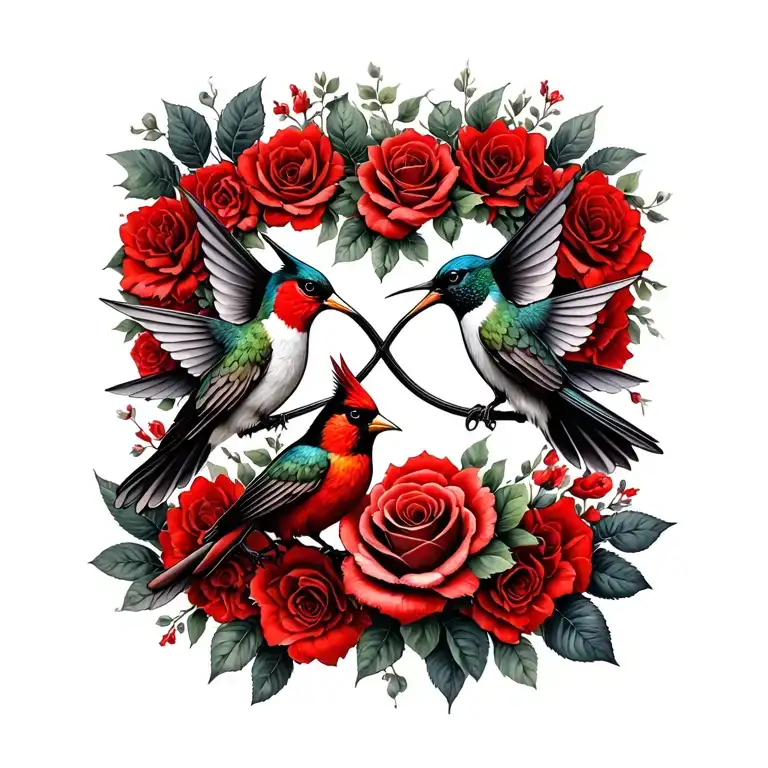 Infinity Symbol Intertwined Hummingbird And Cardinal With Rose