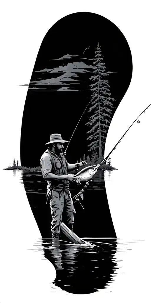 Man Fishing Lake Surrounded