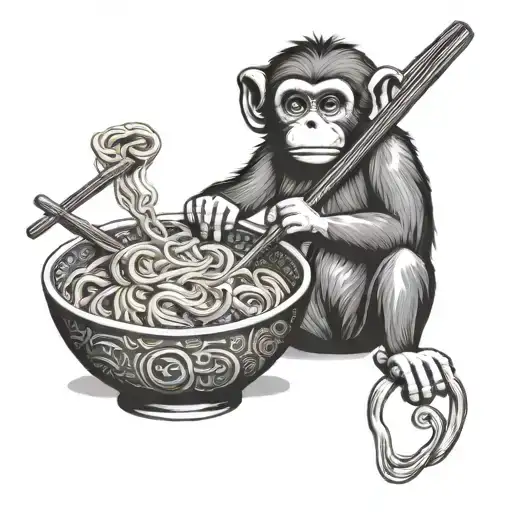Japanese Monkey Eat Ramen Noodle Bowl With Chopstick
