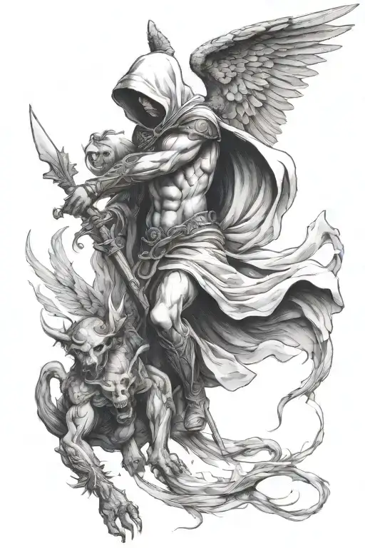 Hooded Arch Angel Defeating A Demon