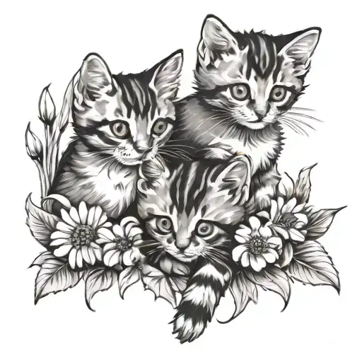 Kittens On Gras And Flowers Surrounding