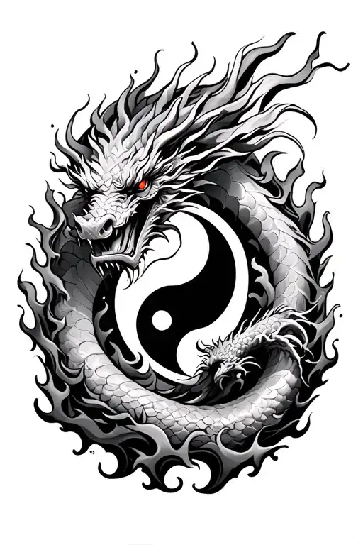 Dragon Around Ying Yang With Amor Fati In Flames