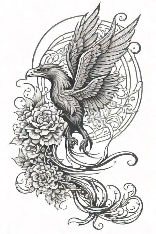 Phoenix Rising Dainty Lines With Flowers And Moon And Sun