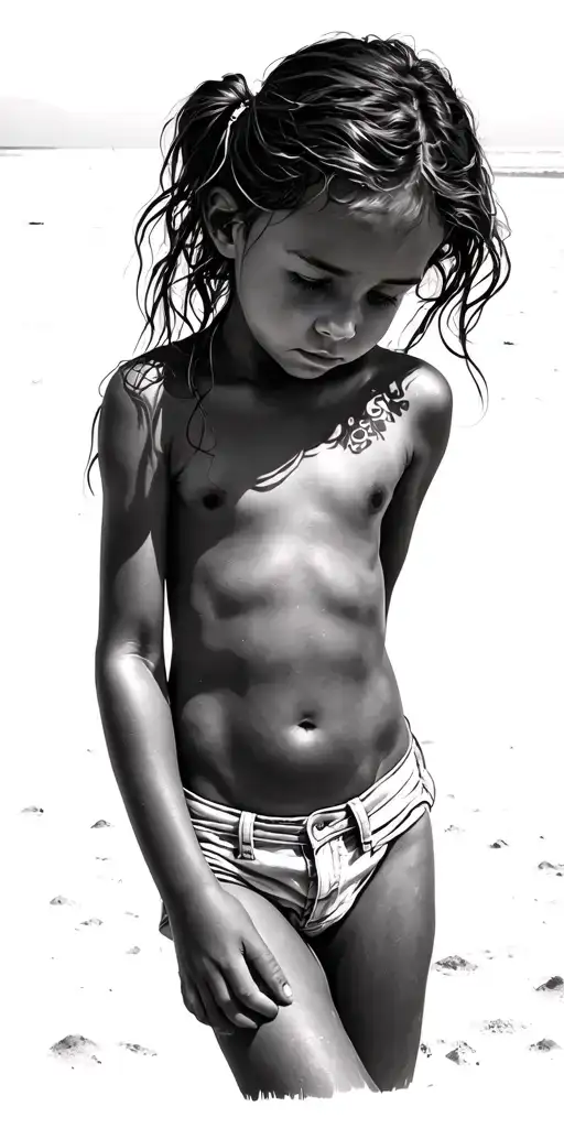 Realism Female Kid Fully Undressed Watching Beach Scene