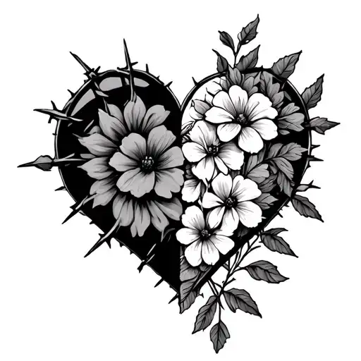 Half Flowers Half Barbed Wire Heart Shape