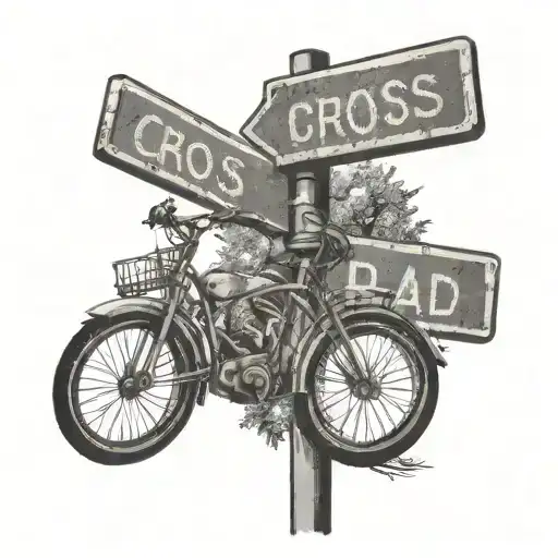 Cross Road Sign With Kids Riding Bikes Down A Road In Background