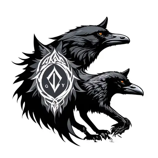 Wolf And Raven With Tyras Rune Symbol