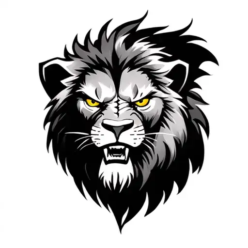 Angry Lion With A Scar On The Eye And Yellow Eyes