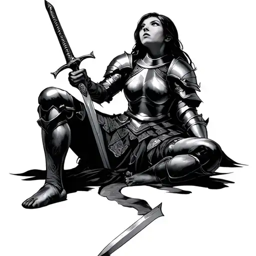 Girl In Armor Holding A Sword In Her Lap While Looking Up