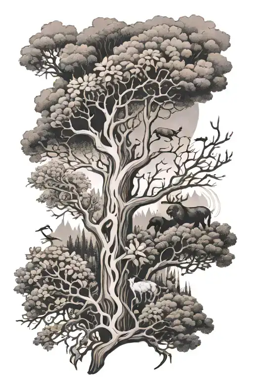 A Full Sleeve With Floral On The Upper Arm A Tree Going Down And Animals At The Bottom