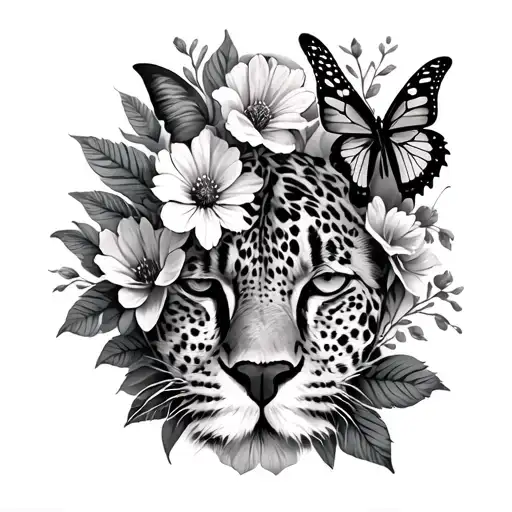 Thigh Tattoo With Flowers And Butterflies And Cheetah Print