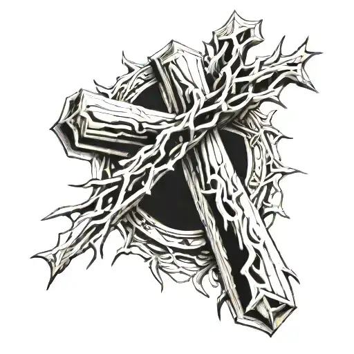 Wooden Cross With Thorns Wrapped Tightly