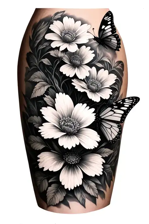 Thigh Tattoo With Flowers And Butterflies