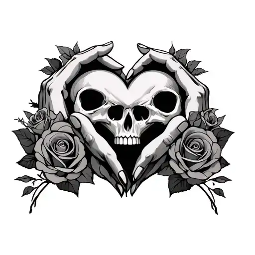 Skull Hands That Make A Love Heart With Roses Intertwined And With The Letters K & J