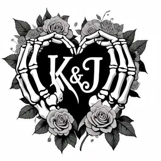 Skeleton Hands That Make A Love Heart With Roses Intertwined And With The Letters K & J