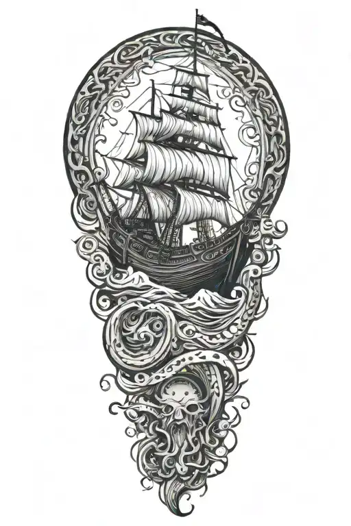 Kraken In The Sea Overtaking A Viking Boat Sailing