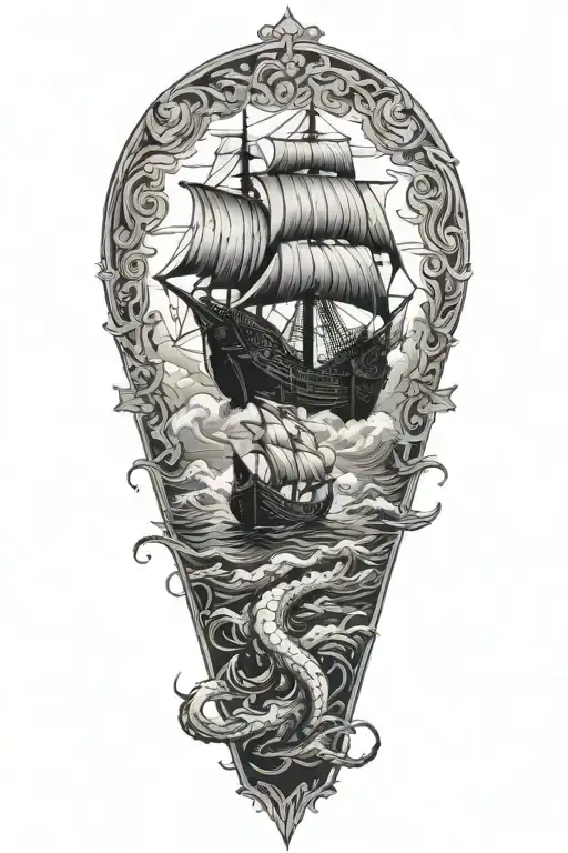 Kraken Coming Out Of The Sea Overtaking A Viking Boat Sailing