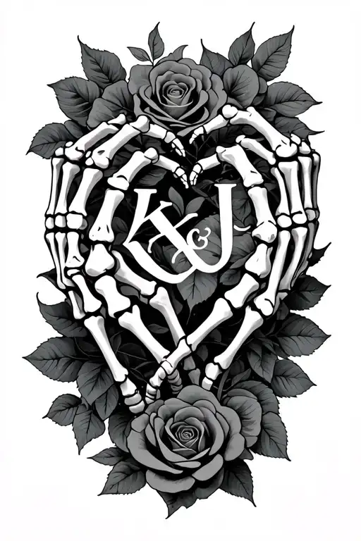 Skeleton Hands That Make A Love Heart With Roses Intertwined And With The Letters K & J