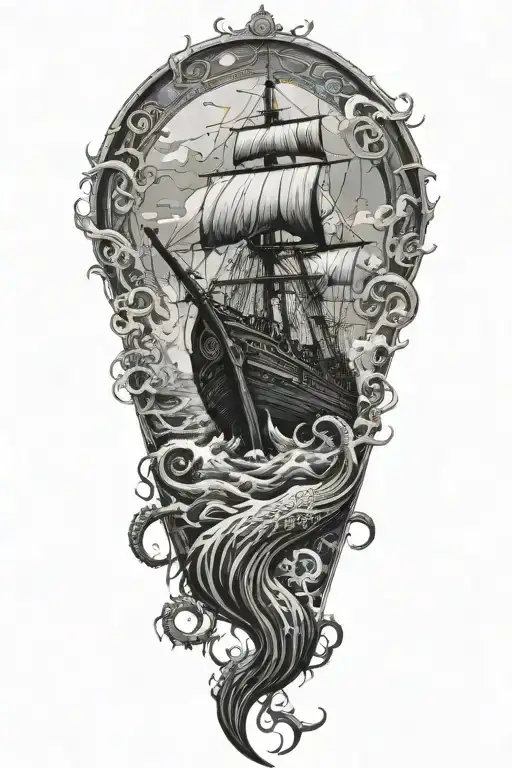 Kraken Coming Out Of The Sea Overtaking A Viking Longship