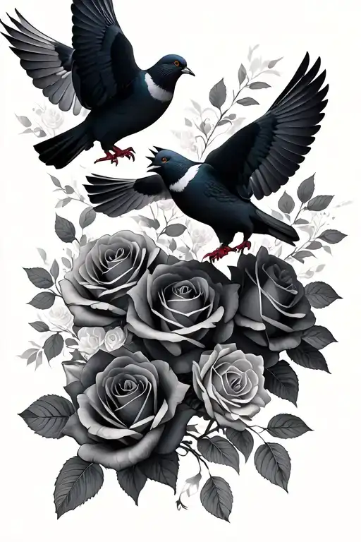 Roses And Pigeons Flying
