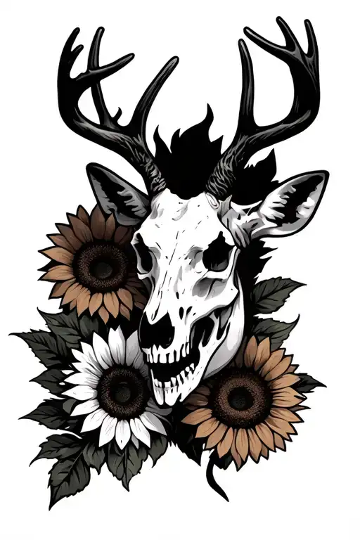 Deer Skull And Sunflowers