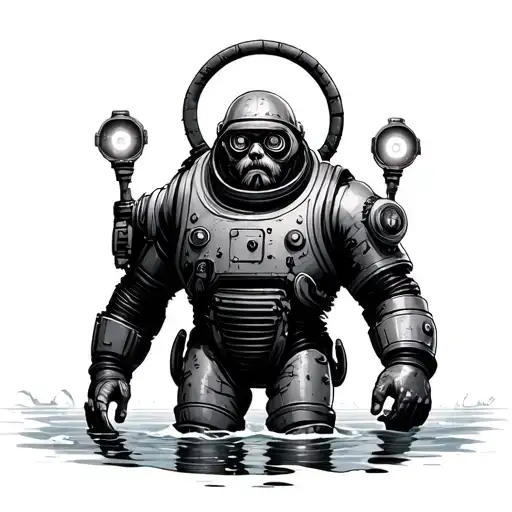 Bioshock Big Daddy Walking On The Ocean Floor With Search Lights