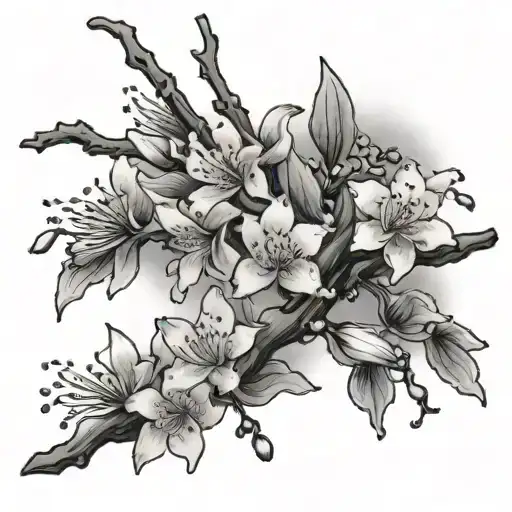 Chinese Cherry Blossoms Falling Down A Branch With Lilies