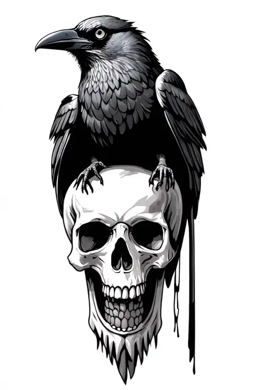 Evil Looking Crow Sitting On A Skull
