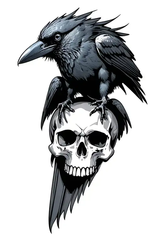 Evil Looking Crow Sitting On A Sideways Skull