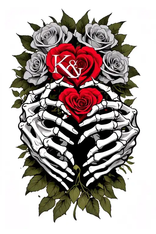 Skeleton Hands That Make A Love Heart With Roses Intertwined And With The Letters K & J
