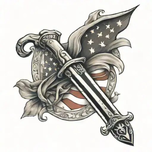 A Down Facing Sword With American Flag Waving