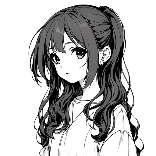 Contour Chibi Anime Girl With Long Hair With One Line As A Drawing Without Filling