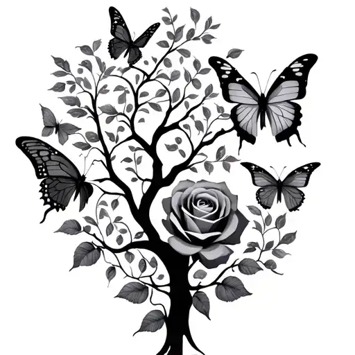 Butterflies Around A Tree And Rose Intertwined Silhouette
