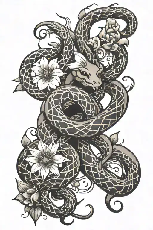 Tribal With Flowers And Snake Slithering