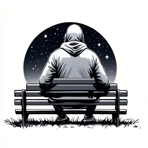Bald Guy In Hoodie Sitting On A Bench Watching Stars Picture From Behind