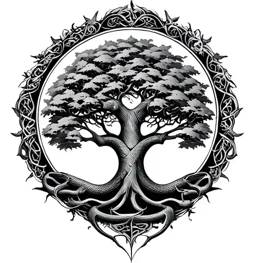 Tree Of Life With Snake Circle Around Medieval Style