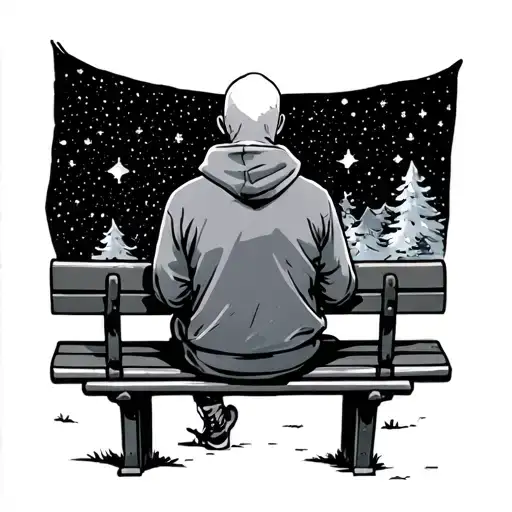 Bald Guy In Hoodie Sitting On A Bench Watching Stars Picture From Behind