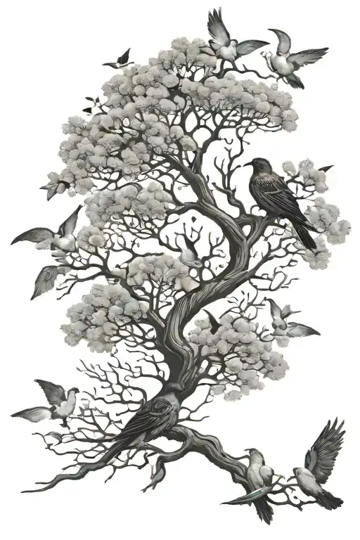 Two Trees Growing Entwined With Birds Silhouetted