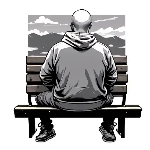 Guy With Shaved Head In Hoodie Sitting On A Bench Watching In The Sky