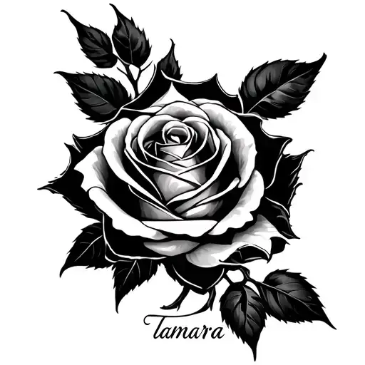 Rose Tattoo With The Name Tamara As The Vein Make Latter