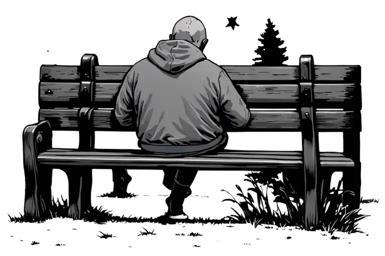 Guy With Shaved Head In Hoodie Sitting On A Bench Watching In The Sky