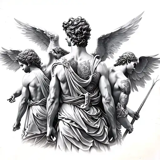 Full Back Tattoo Of 3 Rome Archagels In The War Of Heaven