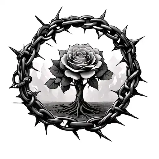 Thorns Chain Wrapped Round Arm With Ripped Holes With Rose Tree Inside