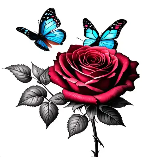 Red Rose With A Light Blue Butterfly In Their Petals
