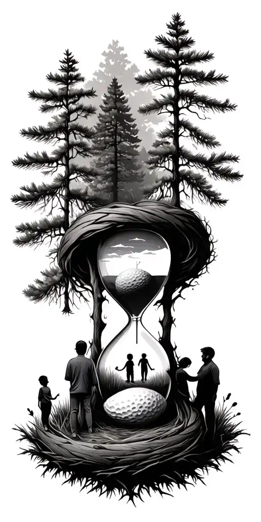 Pine Forest Wrap Around And Family Tree And Hour Glass Father With 3 Kids And Golf