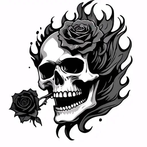 Flaming Skull With Black Rose In It's Mouth