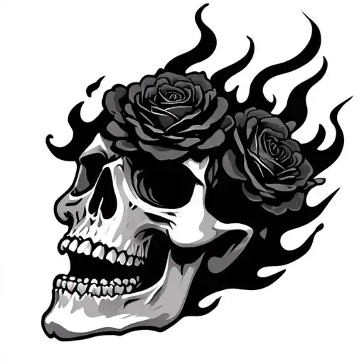 Flaming Skull With Black Rose In It's Mouth Open