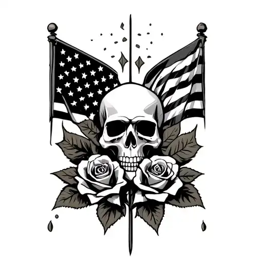 Skull And Roses Gang Tattoo With Flag