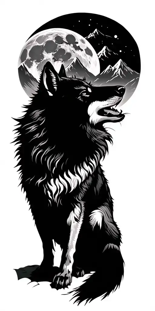 Wolf Howling At Moon With Mountains In Background Black
