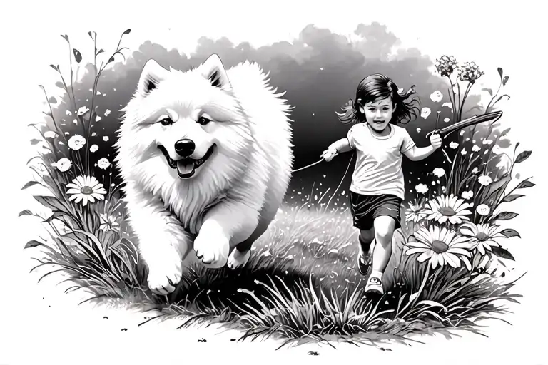 White Samoyed On A Leash Held By Two Human Kids Running To A Flower